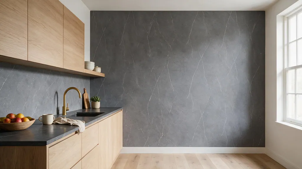 Cocina contemporánea con frente y pared revestidos en panel decorativo Ultrapanel gris