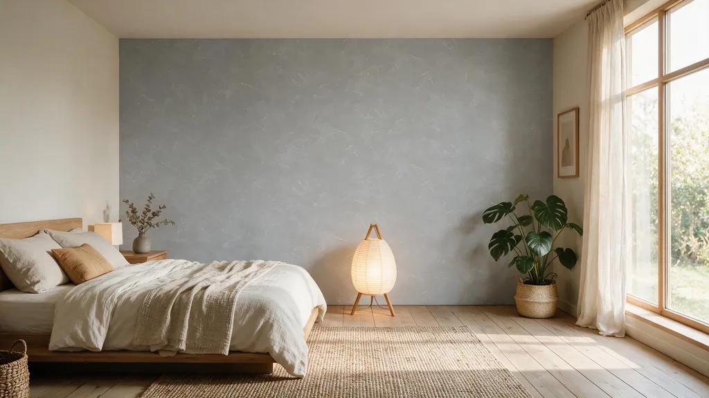 Un dormitorio de estilo japandi con la pared revestida con el panel gris perla 50 de Ultrapanel