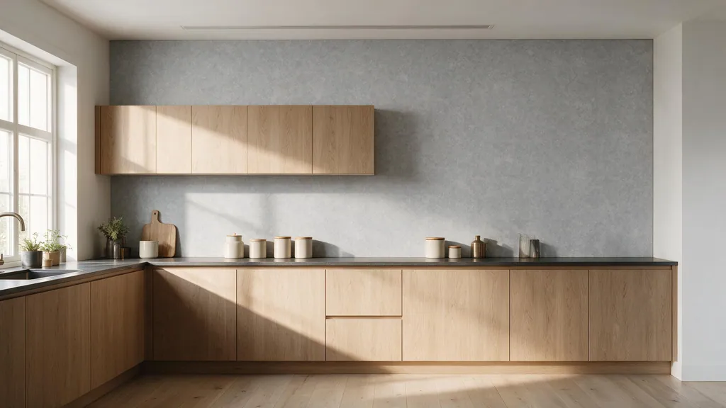 Una cocina con la pared revestida con el panel gris perla 51 de Ultrapanel