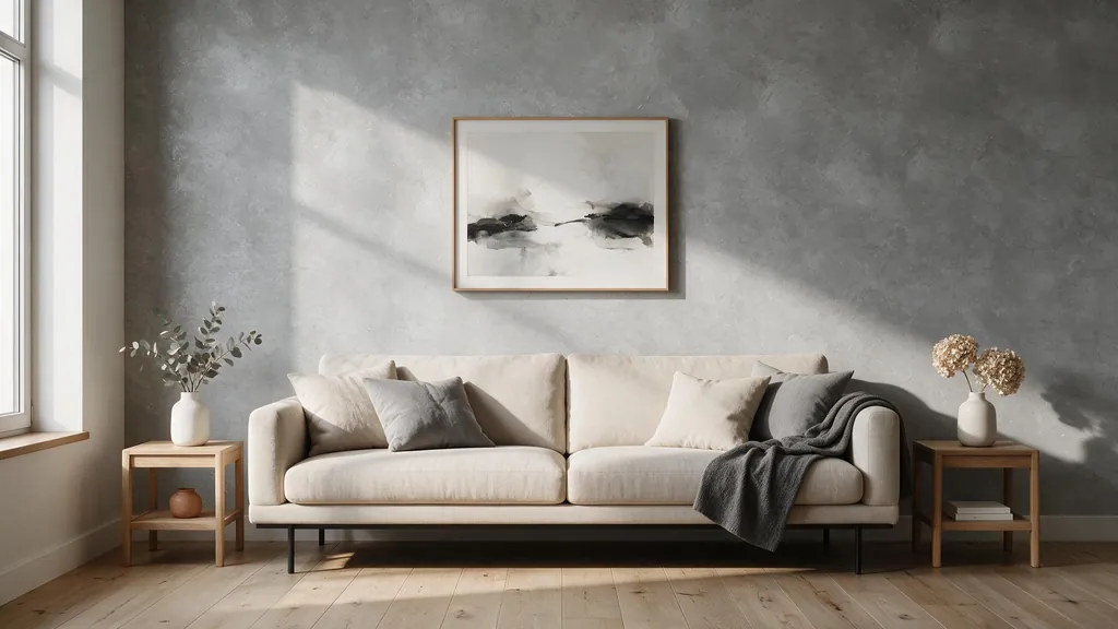 Un salón minimalista con la pared revestida con el panel gris perla 52 de Ultrapanel