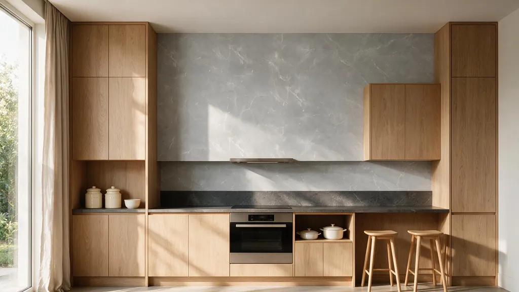 Una cocina con la pared revestida con el panel gris perla 64 de Ultrapanel