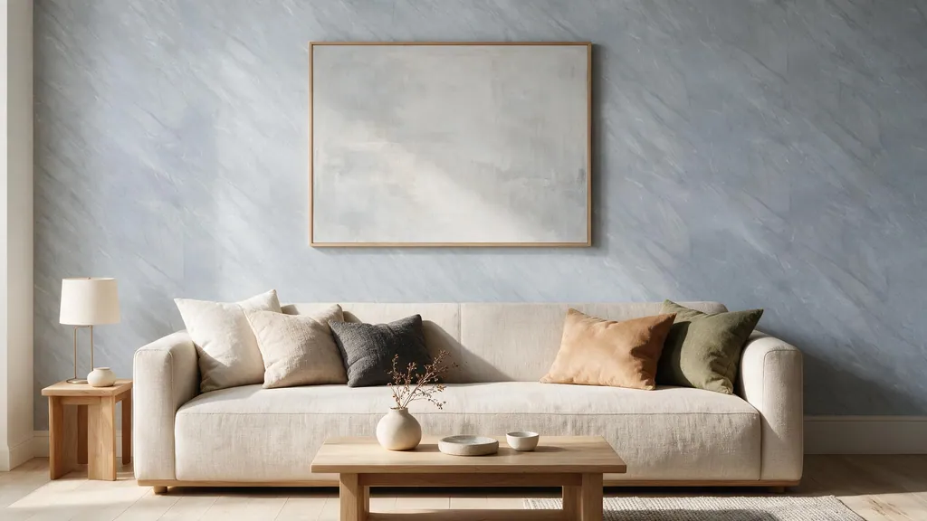 Un salón minimalista con la pared revestida con el panel gris perla 65 de Ultrapanel