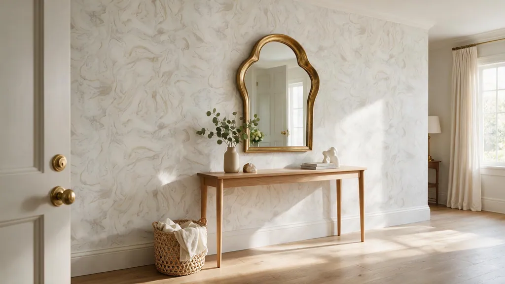 Recibidor luminoso con pared revestida en panel decorativo Ultrapanel en tono marfil