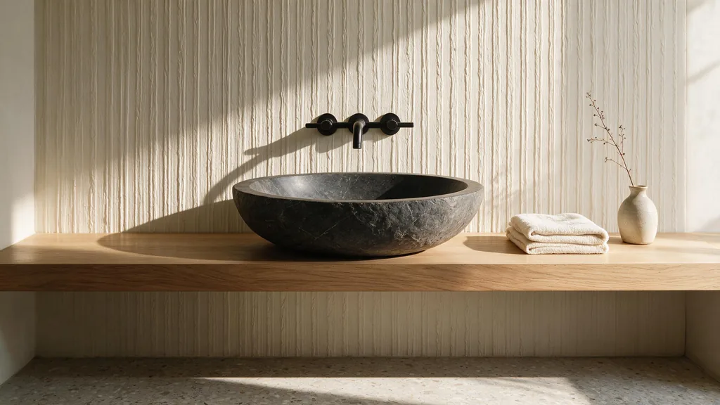 Un baño con la pared revestida con el panel marfil 70 de Ultrapanel