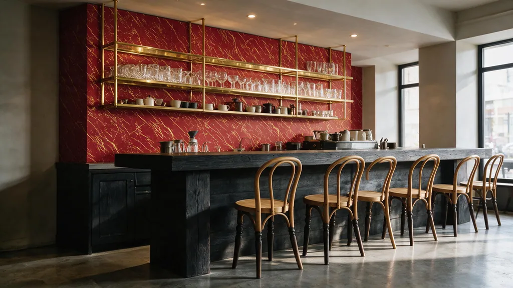 Cafetería con la pared de la barra revestida en panel decorativo Ultrapanel en rojo terracota