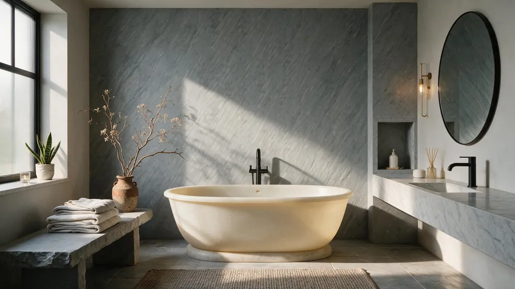 Un baño tipo spa con la pared revestida con el panel piedra azul suave con textura brumosa de Ultrapanel