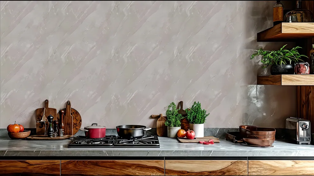 Pared de interior revestida con panel piedra beige natural con sutiles relieves en tono crema de Ultrapanel, ambiente 1