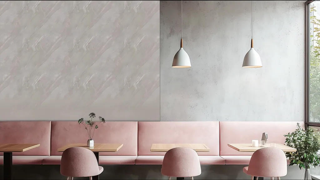 Pared de interior revestida con panel piedra beige natural con sutiles relieves en tono crema de Ultrapanel, ambiente 3