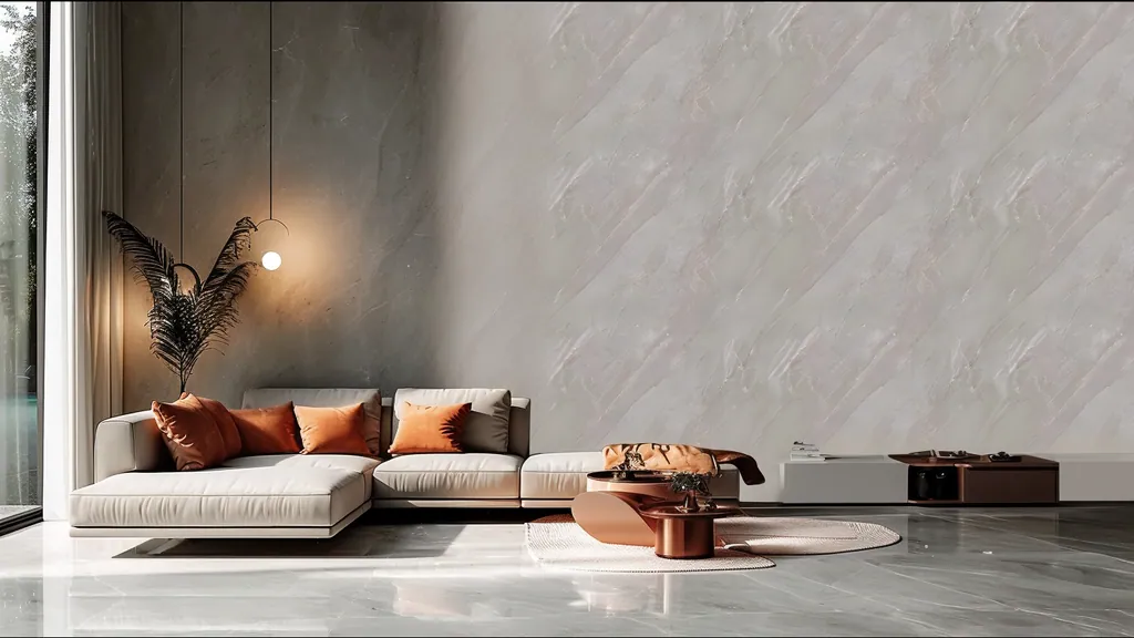 Pared de interior revestida con panel piedra beige natural con sutiles relieves en tono crema de Ultrapanel, ambiente 4