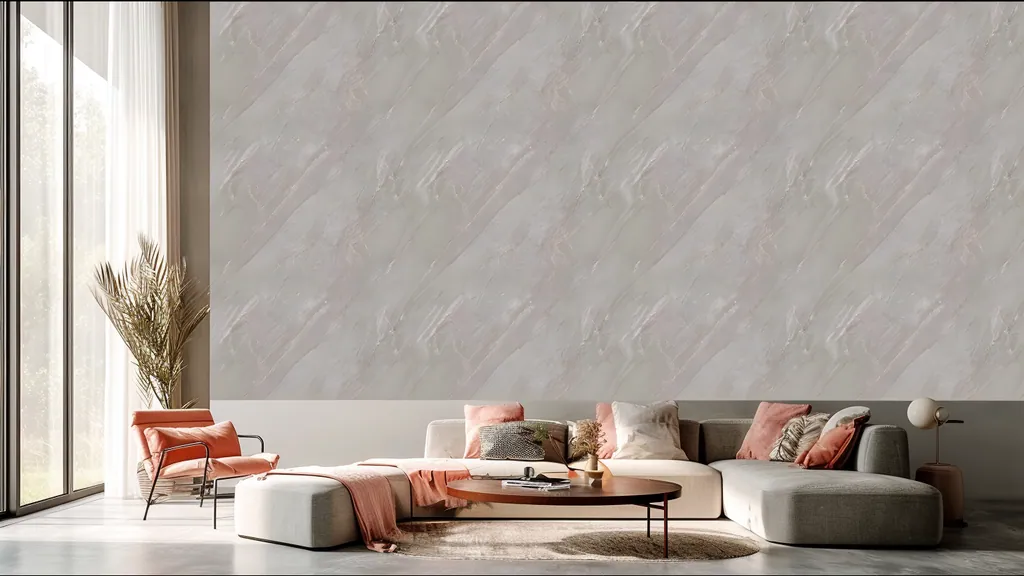Pared de interior revestida con panel piedra beige natural con sutiles relieves en tono crema de Ultrapanel, ambiente 6