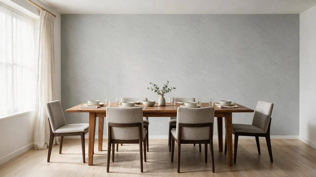 Un comedor con la pared revestida con el panel piedra beige suave con delicadas vetas blancas de Ultrapanel