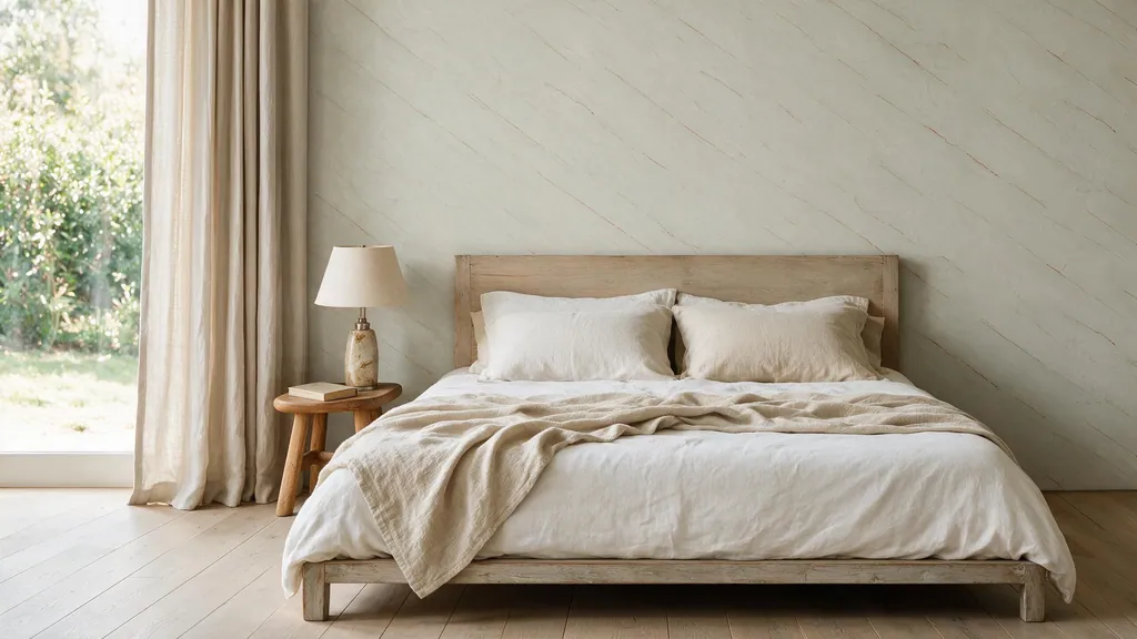 Un dormitorio con la pared revestida con el panel piedra beige suave con sutiles vetas doradas de Ultrapanel