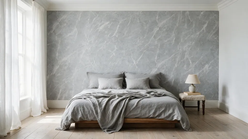 Un dormitorio con la pared revestida con el panel piedra blanca pulida con acabado natural de Ultrapanel