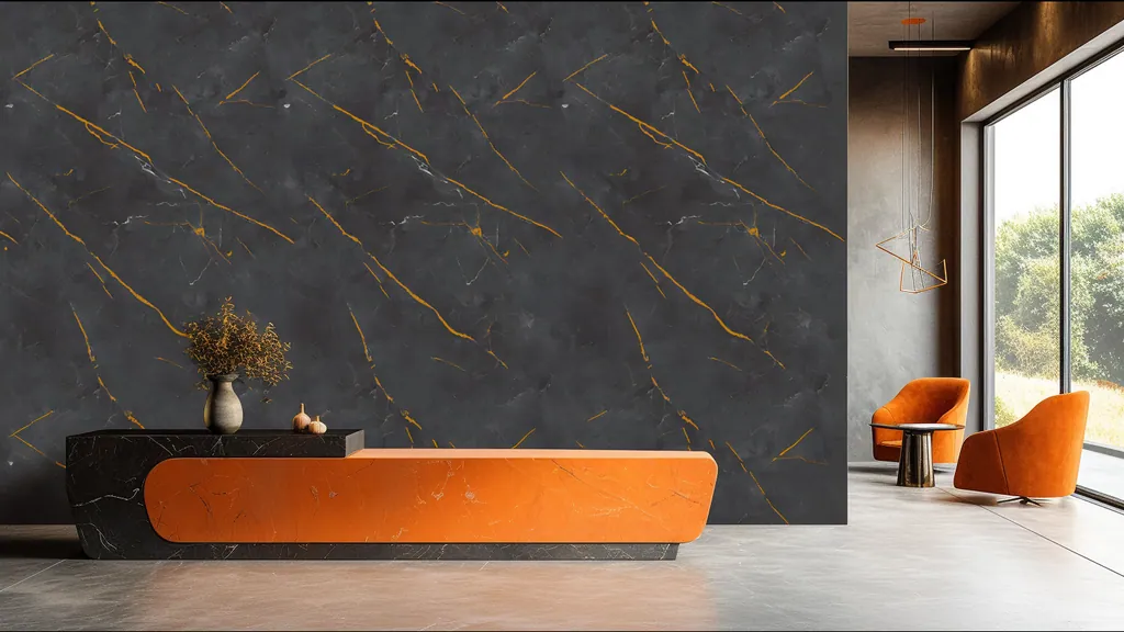 Baño con la pared revestida en panel decorativo Ultrapanel piedra fondo oscuro con vetas doradas y finas líneas blancas