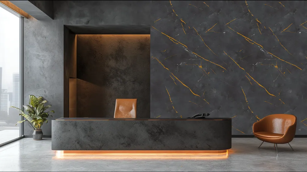 Oficina y recepción con la pared revestida en panel decorativo Ultrapanel piedra fondo oscuro con vetas doradas y finas líneas blancas