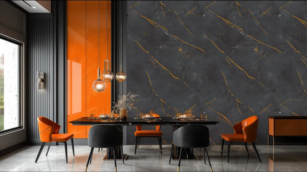 Pared de interior revestida con panel piedra fondo oscuro con vetas doradas y finas líneas blancas de Ultrapanel, ambiente 3