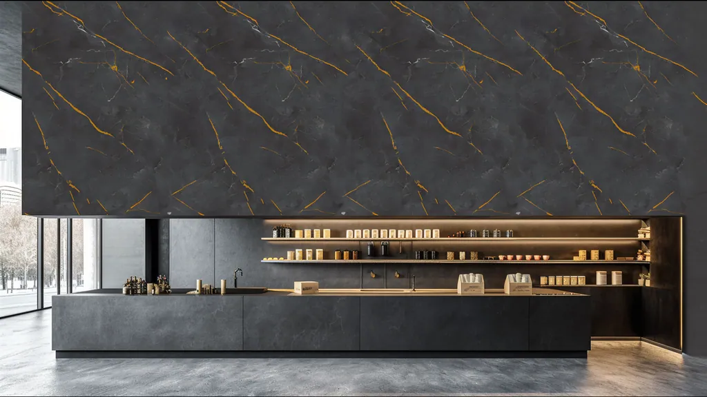 Pared de interior revestida con panel piedra fondo oscuro con vetas doradas y finas líneas blancas de Ultrapanel, ambiente 4