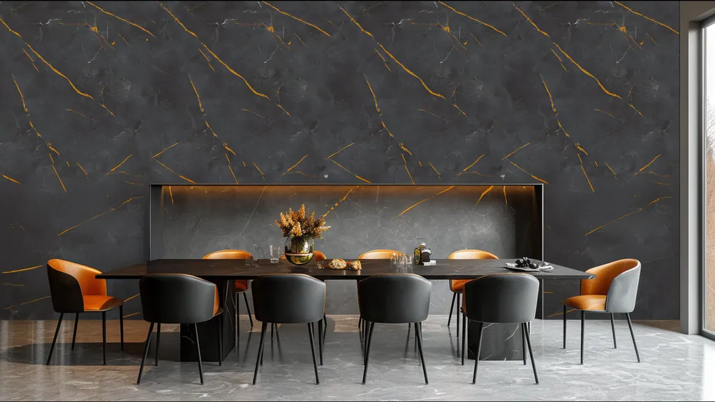 Comedor y restauración con la pared revestida en panel decorativo Ultrapanel piedra fondo oscuro con vetas doradas y finas líneas blancas
