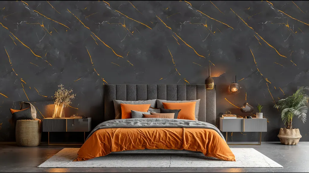 Dormitorio contemporáneo con la pared del cabecero revestida en panel decorativo Ultrapanel de efecto piedra oscura con vetas doradas