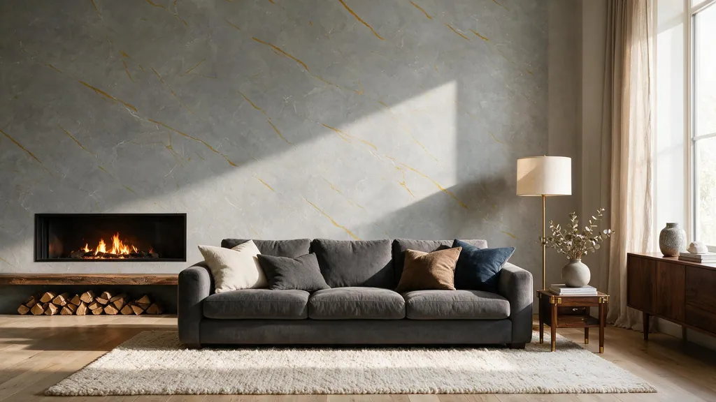 Un salón con chimenea con la pared revestida con el panel piedra gris clara con vetas ámbar brillantes de Ultrapanel