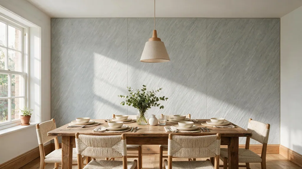 Un comedor con la pared revestida con el panel piedra gris natural con efecto suave de Ultrapanel