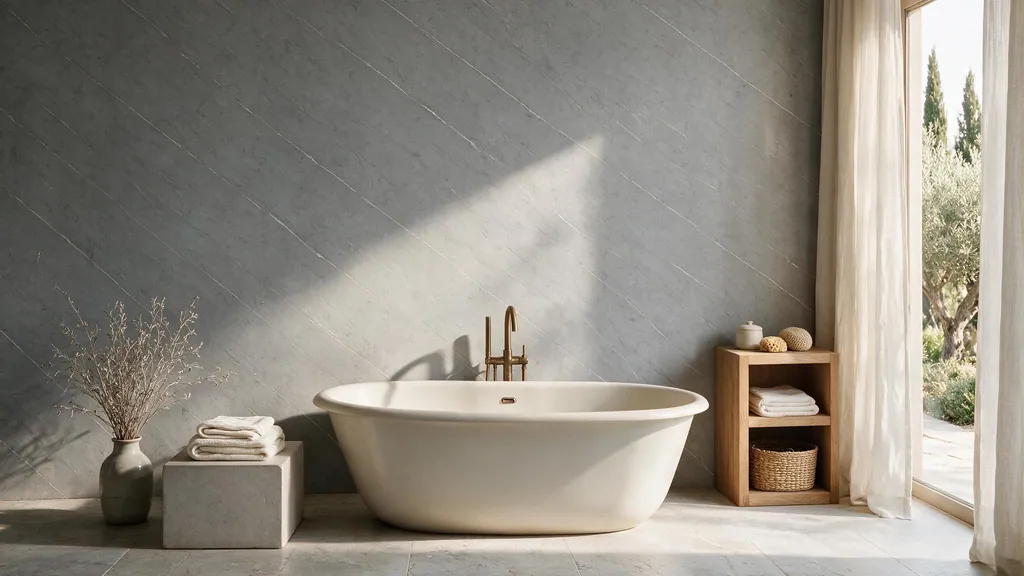 Un baño tipo spa con la pared revestida con el panel piedra gris natural con sutiles vetas blancas de Ultrapanel