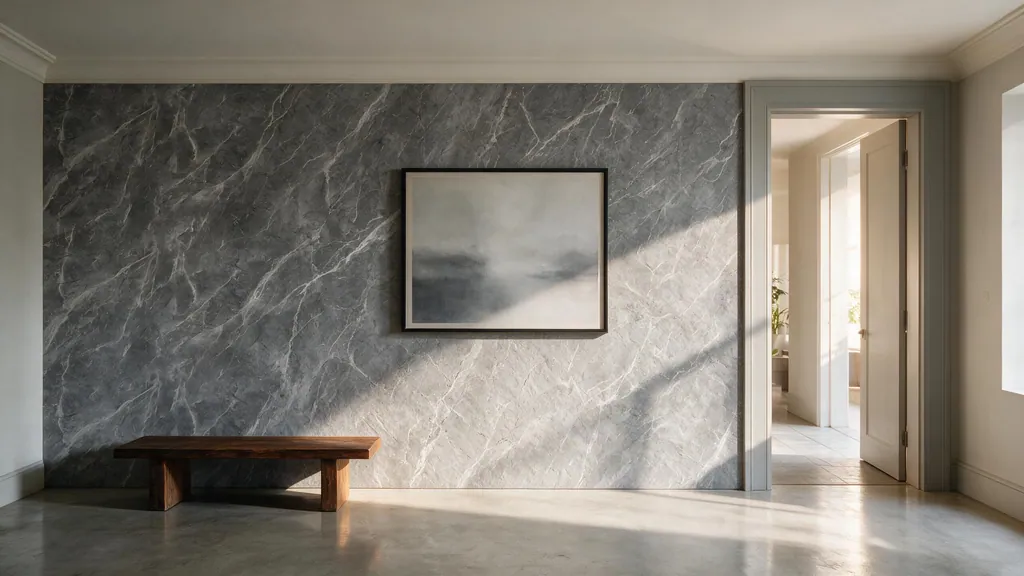 Un pasillo con la pared revestida con el panel piedra gris natural con vetas realistas de Ultrapanel