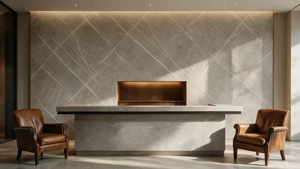 La recepción de un hotel con la pared revestida con el panel piedra gris con patrones geométricos modernos de Ultrapanel