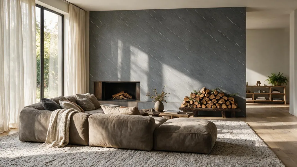 Un salón con chimenea con la pared revestida con el panel piedra gris suave con detalles de vetas blancas de Ultrapanel