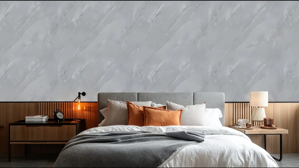 Pared de interior revestida con panel piedra gris suave con relieves naturales de Ultrapanel, ambiente 1