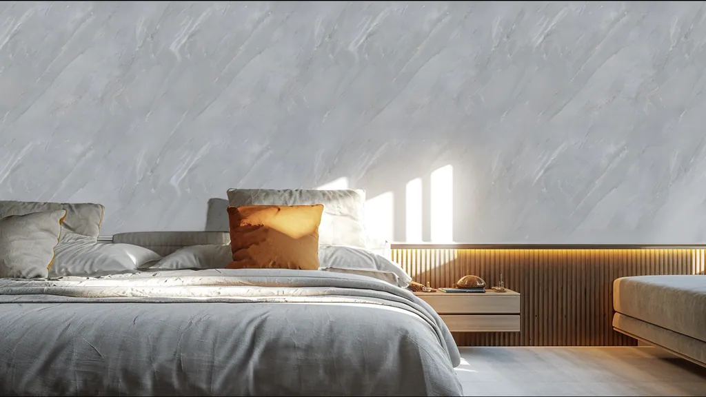 Pared de interior revestida con panel piedra gris suave con relieves naturales de Ultrapanel, ambiente 3
