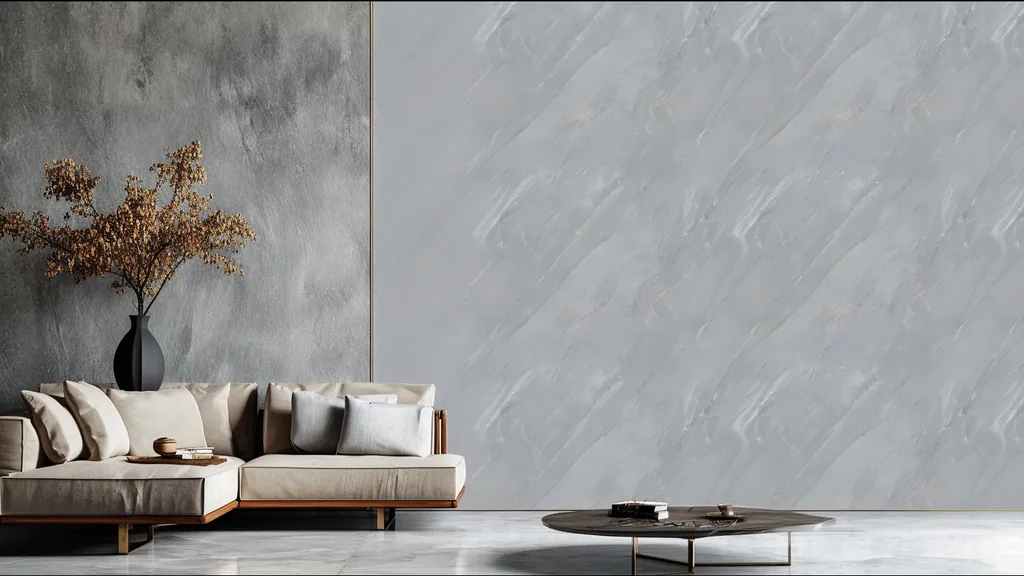Pared de interior revestida con panel piedra gris suave con relieves naturales de Ultrapanel, ambiente 6