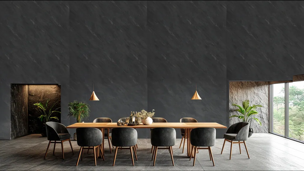 Pared de interior revestida con panel piedra negra intensa con textura profunda de Ultrapanel, ambiente 1