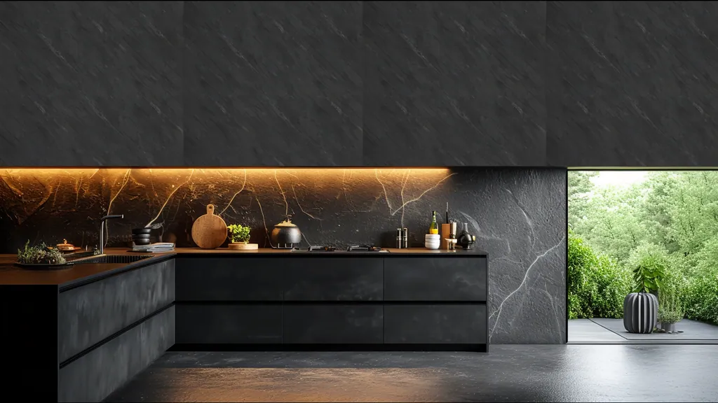 Pared de interior revestida con panel piedra negra intensa con textura profunda de Ultrapanel, ambiente 2