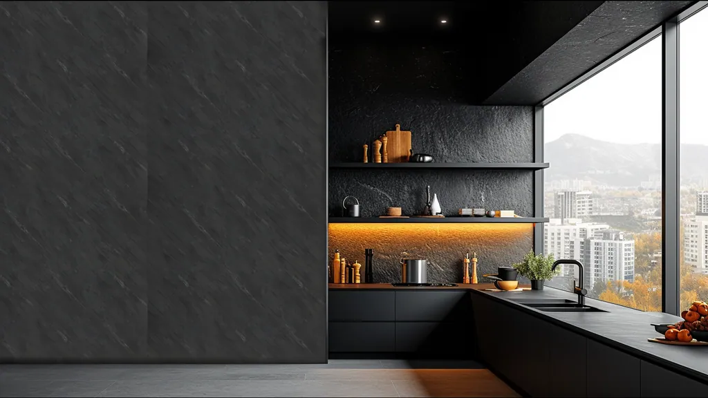 Salón contemporáneo con pared revestida en panel decorativo de PVC acabado piedra oscura