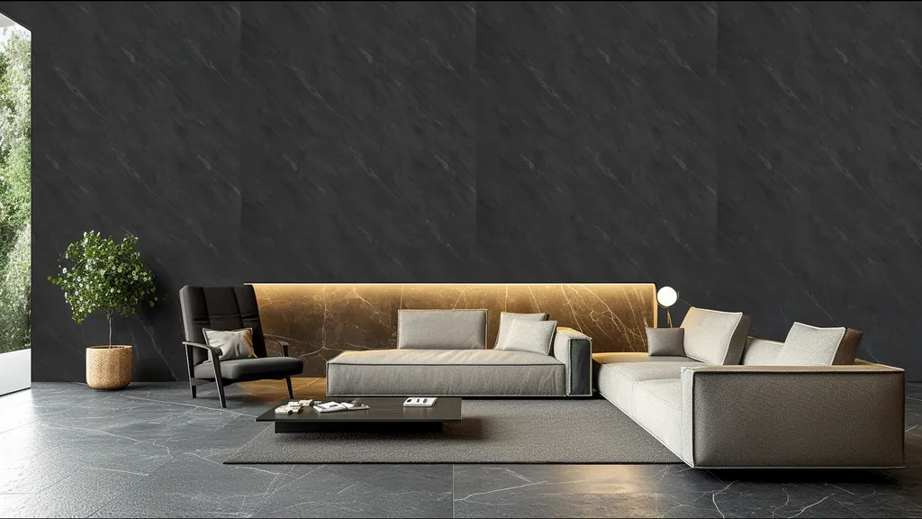 Pared de interior revestida con panel piedra negra intensa con textura profunda de Ultrapanel, ambiente 4