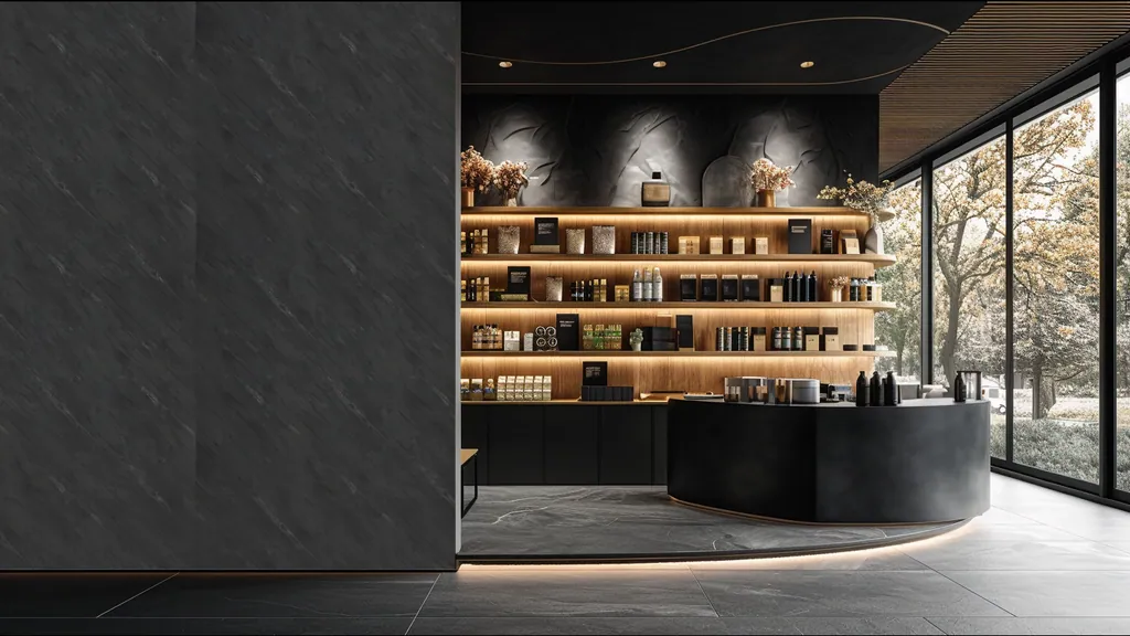 Pared de interior revestida con panel piedra negra intensa con textura profunda de Ultrapanel, ambiente 5