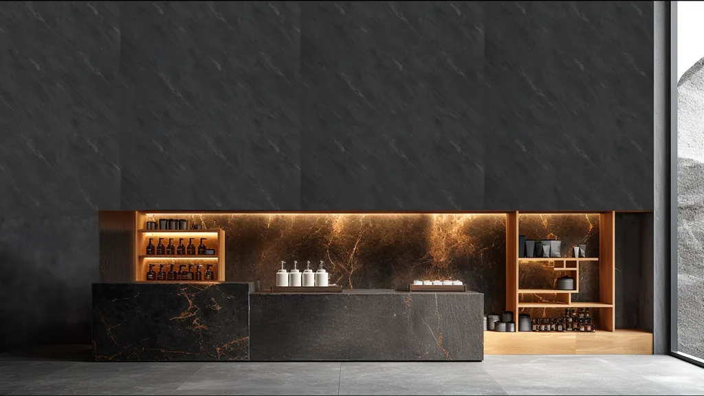 Pared de interior revestida con panel piedra negra intensa con textura profunda de Ultrapanel, ambiente 6