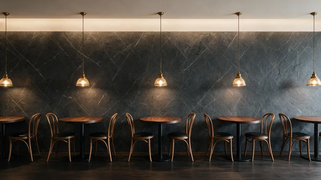 Una sala de restaurante con la pared revestida con el panel piedra negra intensa con vetas blancas cruzadas de Ultrapanel