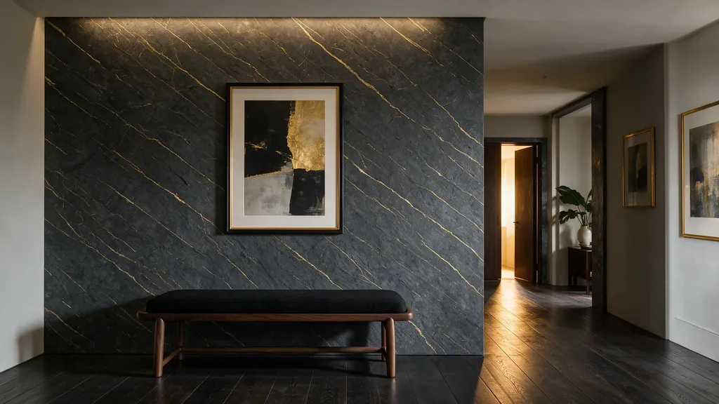 Un pasillo con la pared revestida con el panel piedra negra con vetas doradas resplandecientes de Ultrapanel
