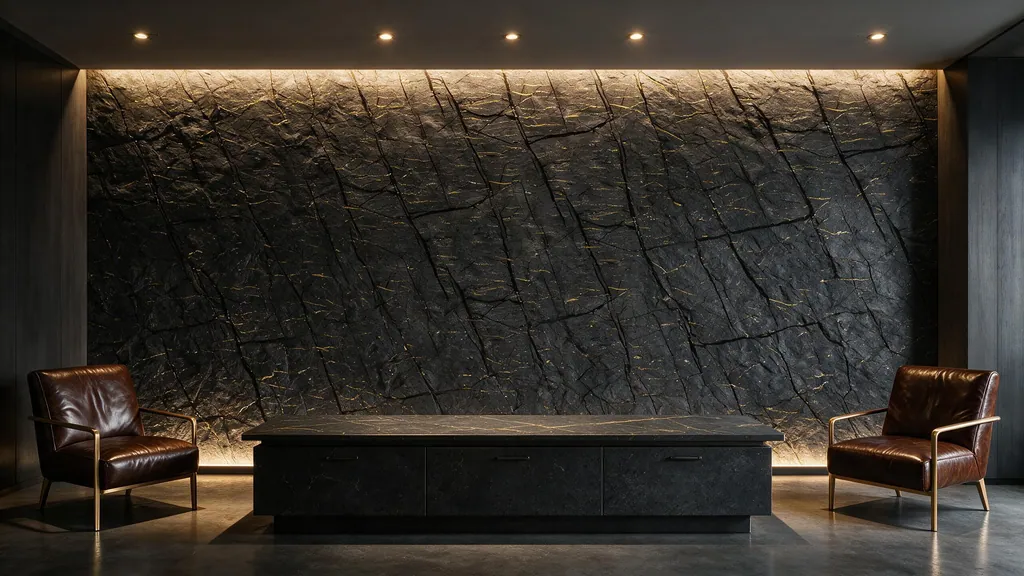 La recepción de un hotel con la pared revestida con el panel piedra oscura con fisuras y vetas doradas de Ultrapanel