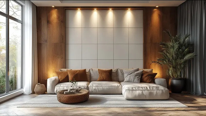 Salón amplio con la pared del sofá revestida en panel de gran formato y una franja de madera en el lateral