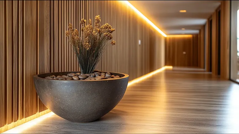 Pasillo largo revestido en panel de listones de madera con una línea de luz continua en el encuentro con el techo
