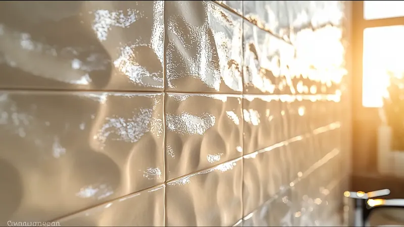 Detalle de un panel de pared de relieve ondulado bajo luz rasante que marca las irregularidades de la superficie