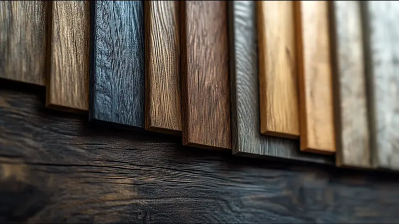 Muestras de panel con distintos acabados de imitación madera apiladas y solapadas para comparar vetas y tonos