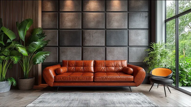 Salón con una pared de panel oscuro de retícula cuadrada detrás de un sofá de cuero y plantas de interior