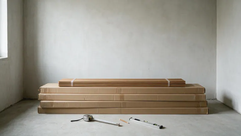 Pared de salón revestida con paneles de listones en roble ahumado, con una cinta métrica extendida y un lápiz apoyados en el suelo