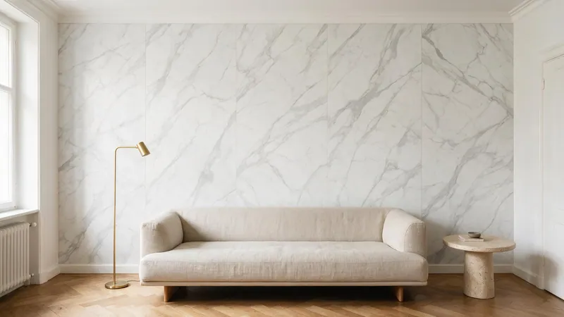 Salón con la pared principal revestida de suelo a techo en panel decorativo con efecto mármol blanco