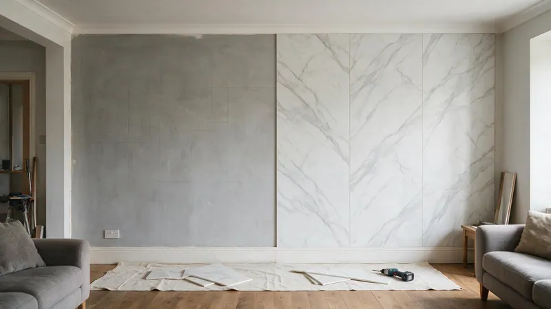 Pared de salón revestida con paneles acanalados de madera clara junto a una caja de paneles apoyada en el suelo y un metro extendido