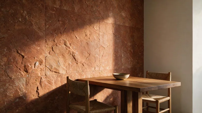 Comedor con la pared principal en panel de piedra terracota y relieve marcado, iluminada de lado
